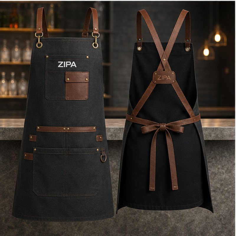 Custom leather-strap utility aprons in waxed canvas manufactured by ZipaSports