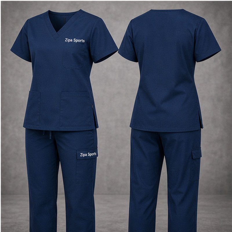 Custom scrub sets in 180 GSM poly-cotton reverse twill with V-neck top manufactured by ZipaSports