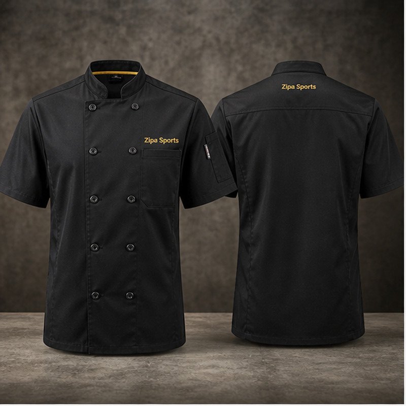 Custom short-sleeve chef jackets in 210 GSM poly-cotton manufactured by ZipaSports