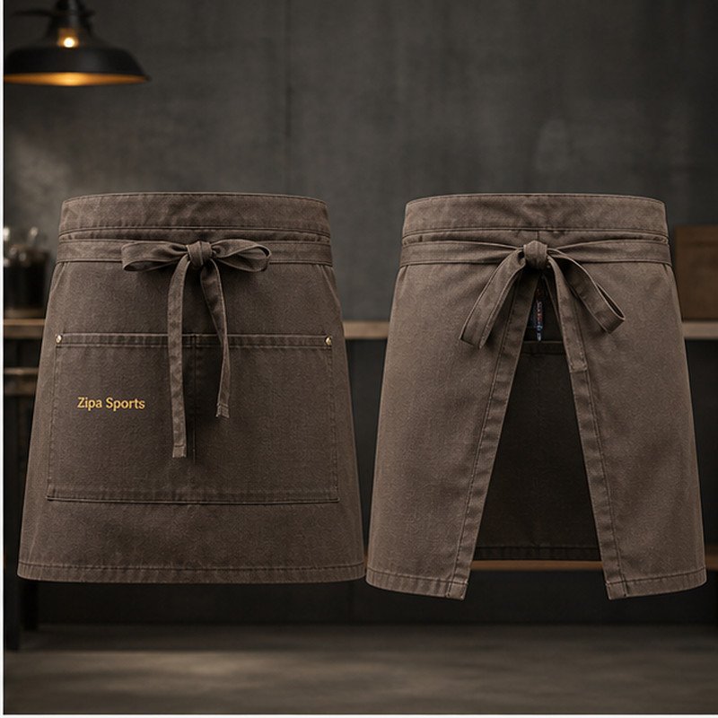 Custom three-pocket server aprons in 260 GSM poly-cotton twill manufactured by ZipaSports