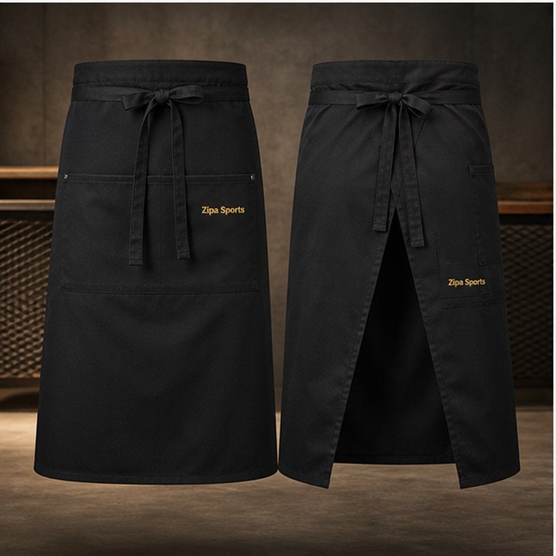 Custom waist aprons in 260 GSM poly-cotton twill with three-compartment pocket manufactured by ZipaSports