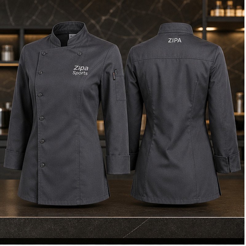 Custom women's chef jackets with bust darts and shaped waist manufactured by ZipaSports
