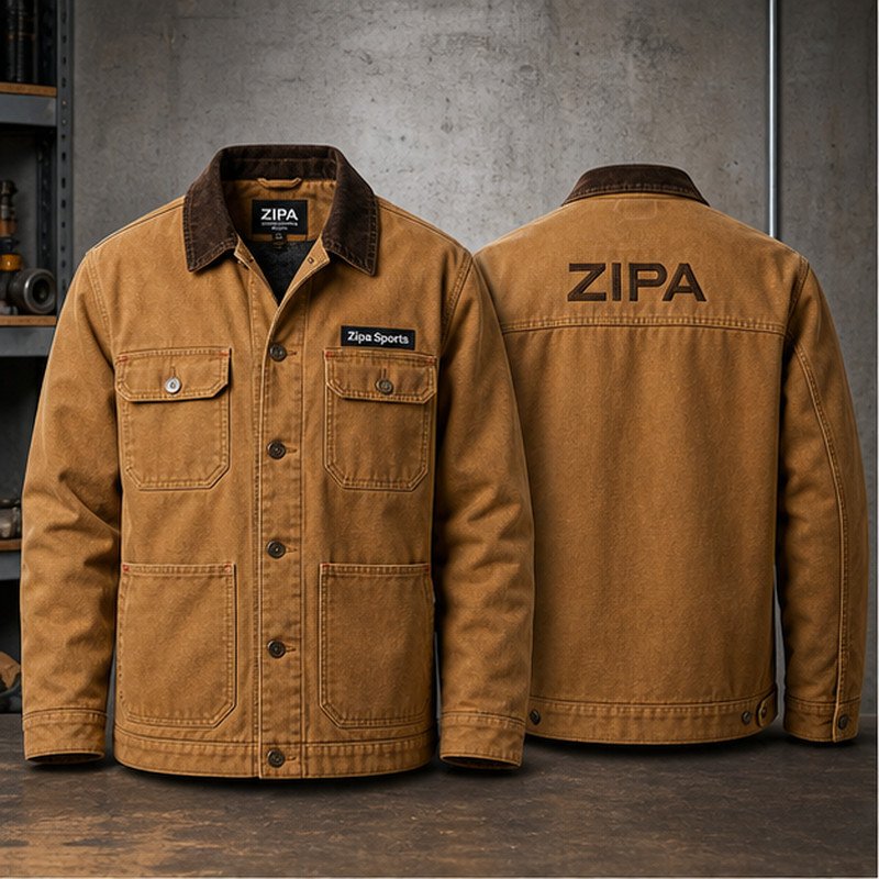Custom canvas chore jackets with patch pockets manufactured by ZipaSports