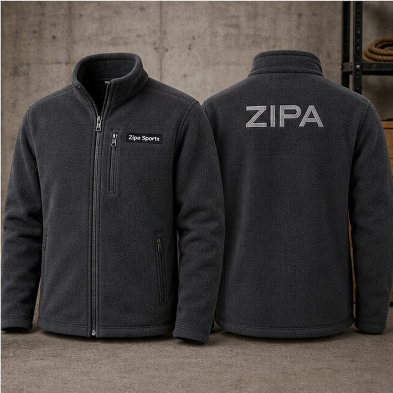 Custom fleece work jackets with full-length zip and embroidered logo manufactured by ZipaSports