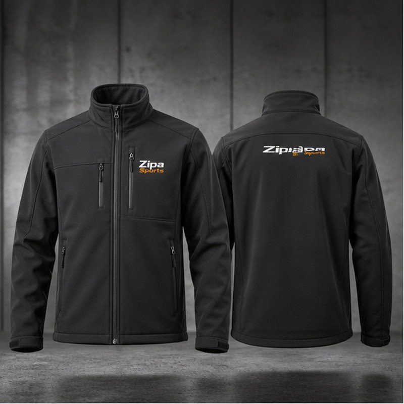 Custom softshell work jackets with zipped pockets and embroidered branding manufactured by ZipaSports