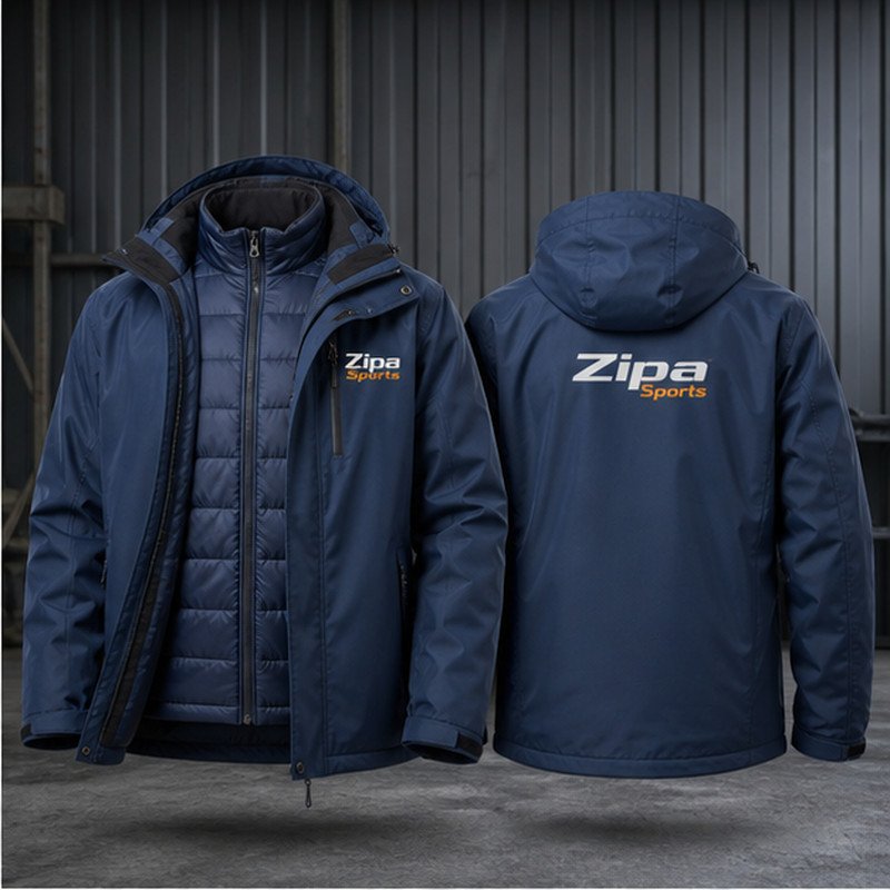 Custom three-in-one work jacket with zip-out liner manufactured by ZipaSports
