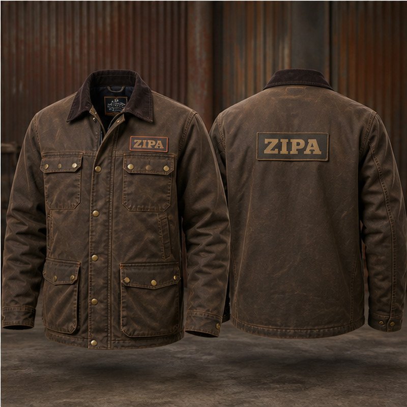 Custom waxed cotton work jacket manufactured by ZipaSports