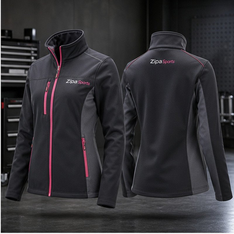 Custom women's softshell work jacket manufactured by ZipaSports