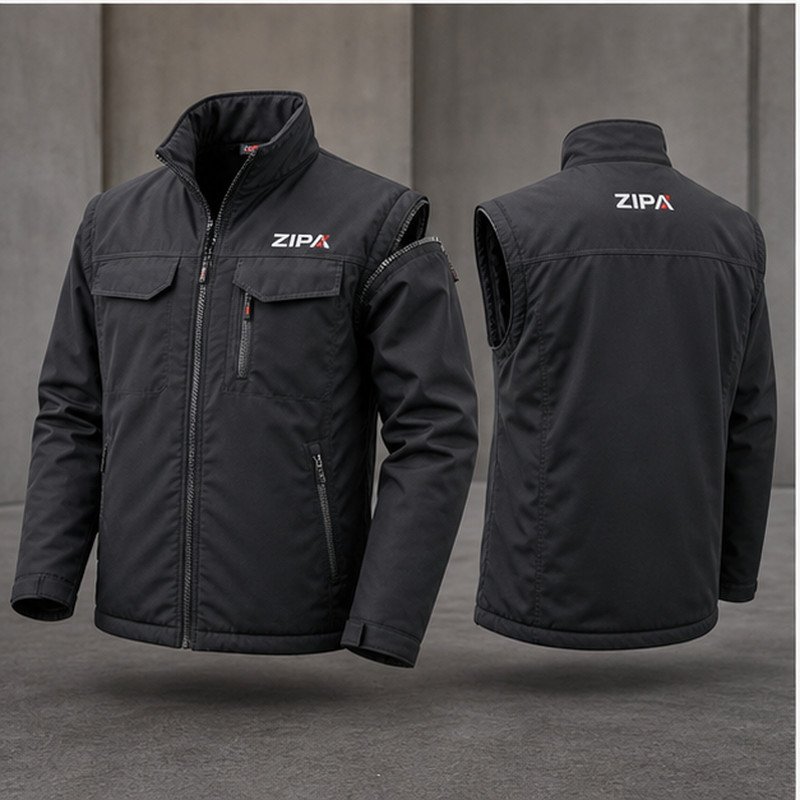 Custom zip-off sleeve convertible work jacket manufactured by ZipaSports