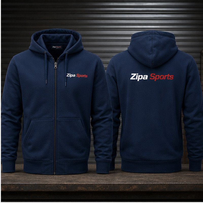 Custom full-zip work hoodies in 320 GSM brushed-back fleece manufactured by ZipaSports