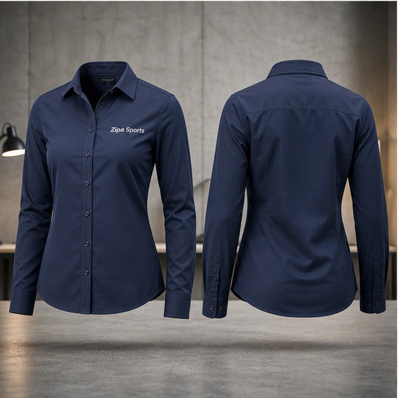 Custom women's corporate blouses in poly-cotton poplin manufactured by ZipaSports