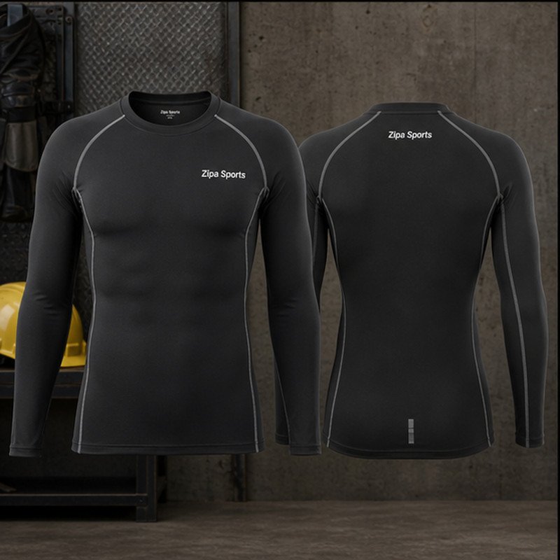 Custom work base layer tops in brushed poly-spandex manufactured by ZipaSports