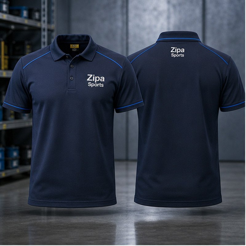 Custom work polos in 220 GSM piqué knit with embroidered logos manufactured by ZipaSports