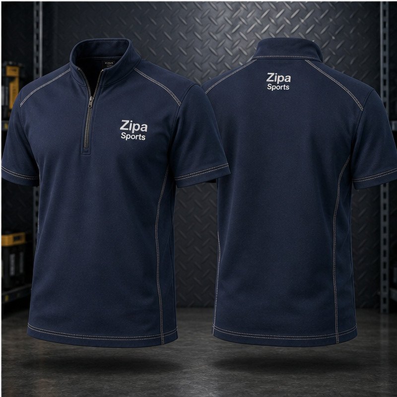Custom zip-neck work polo shirts in 220 GSM piqué manufactured by ZipaSports