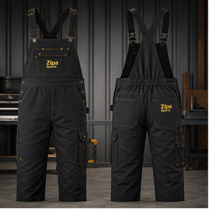 Custom bib and brace work overalls with chest pocket manufactured by ZipaSports