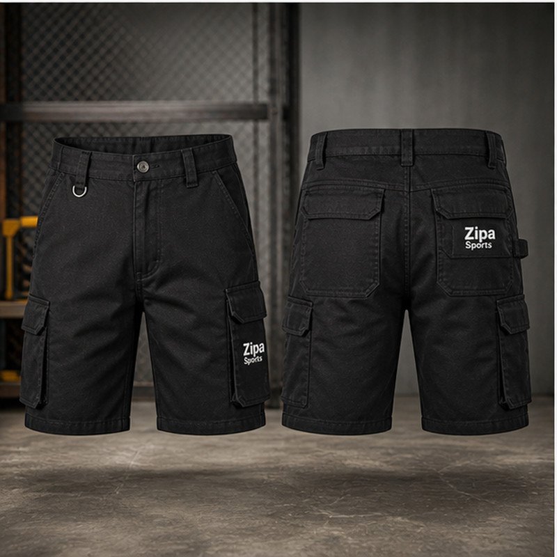 Custom cargo work shorts manufactured by ZipaSports