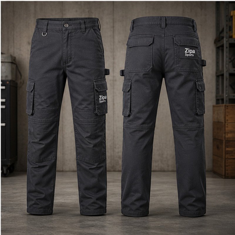 Custom cargo work trousers with bellowed cargo pockets manufactured by ZipaSports