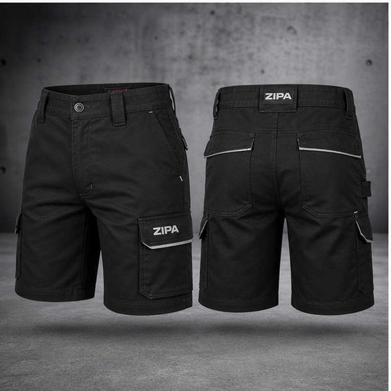 Custom multi-pocket work shorts in poly-cotton twill manufactured by ZipaSports